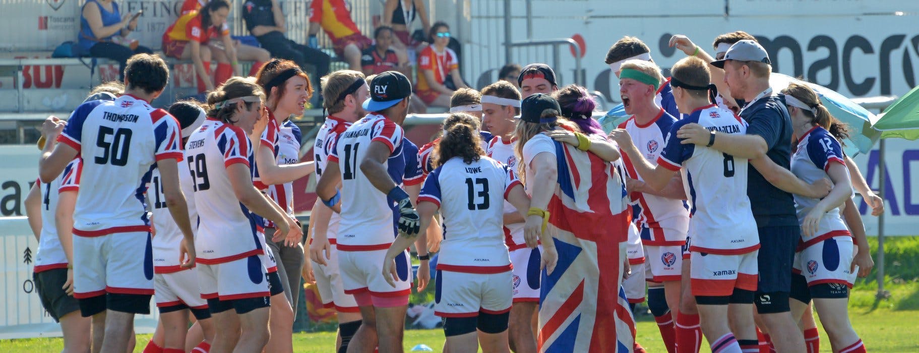 Team UK huddle before a match with their captain Seb Waters speaking at the center
