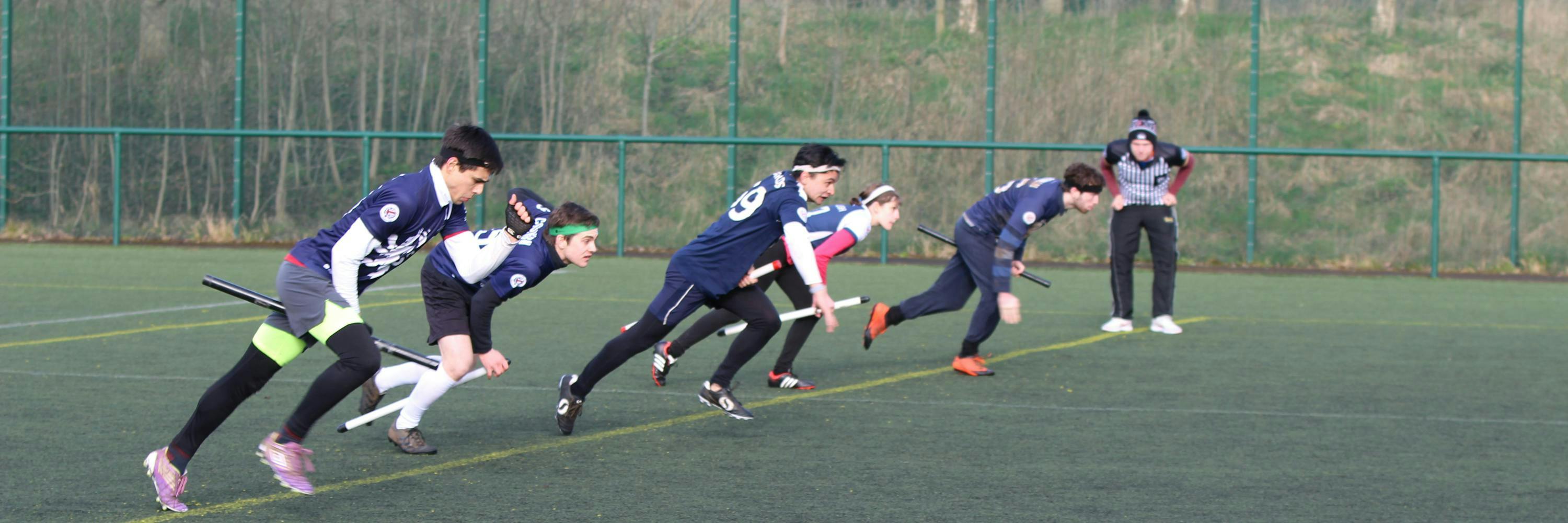 Radcliffe Chimeras rise off the line at brooms up running to the balls at the halfway line