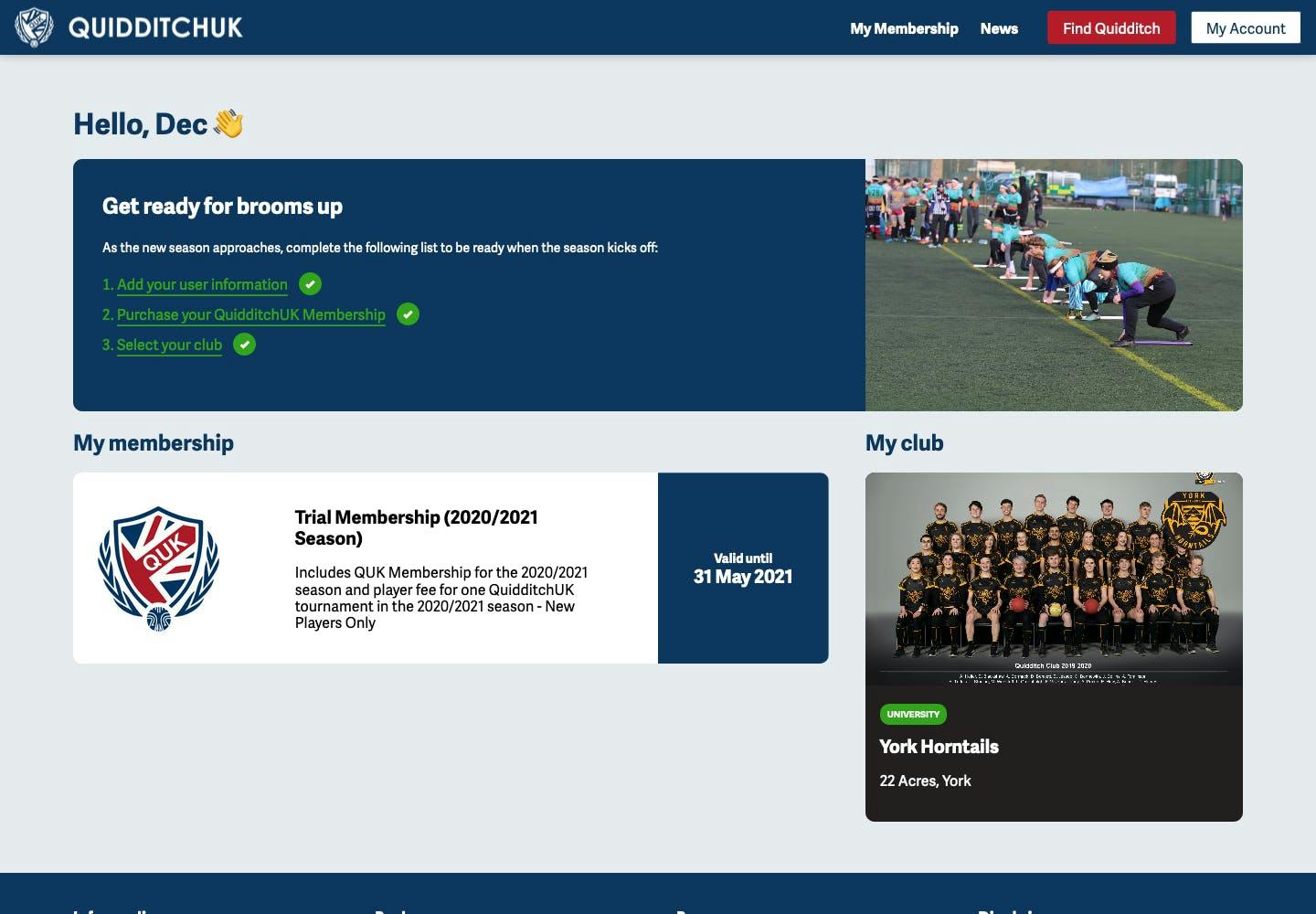 Screenshot of the finished Member Dashboard on the QUK site